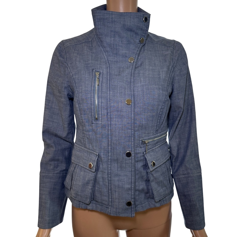 White House Black‎ Market Blue Chambray Utility Jacket Moto Style Women's 8P